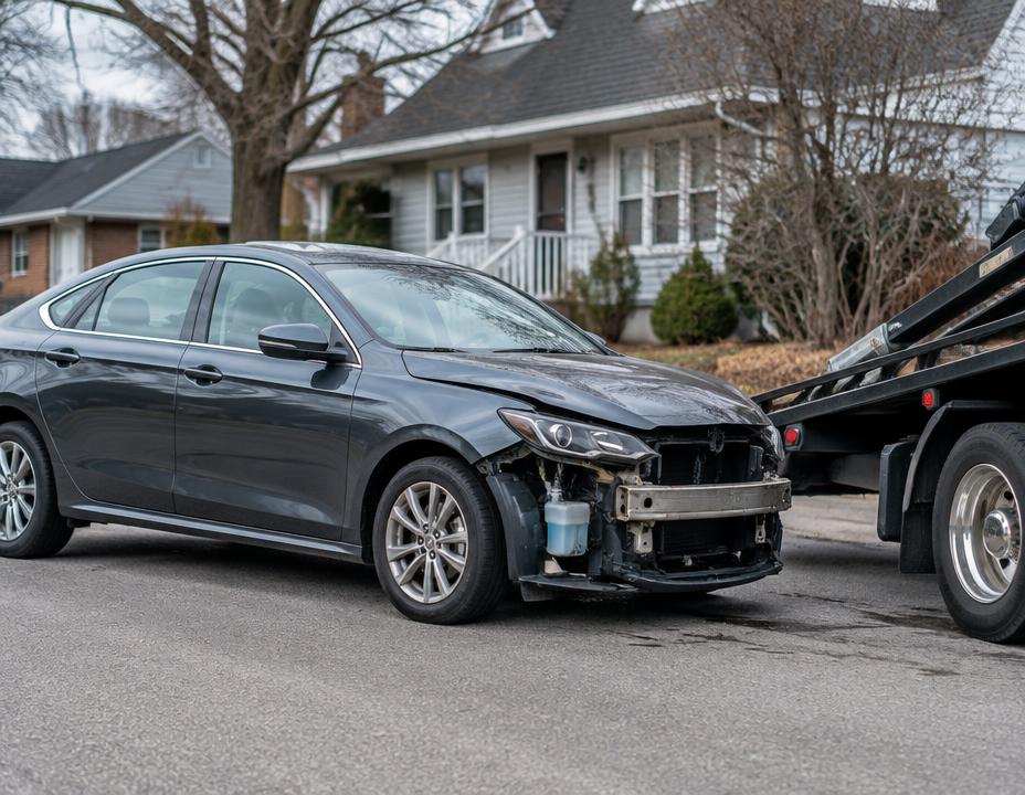 Damaged vehicle prepared for towing