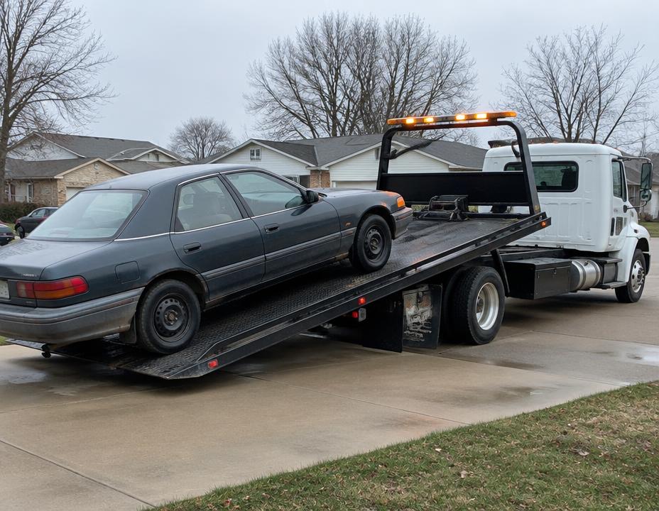 Tow truck picking up an unwanted car from a local driveway