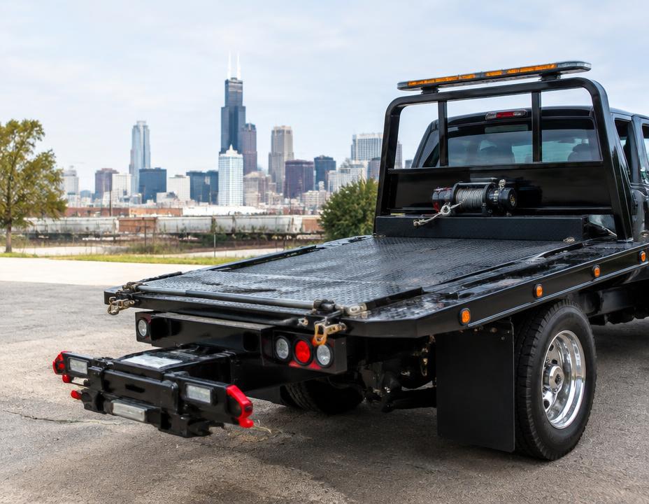 Flatbed tow truck equipment with Chicago skyline in the distance