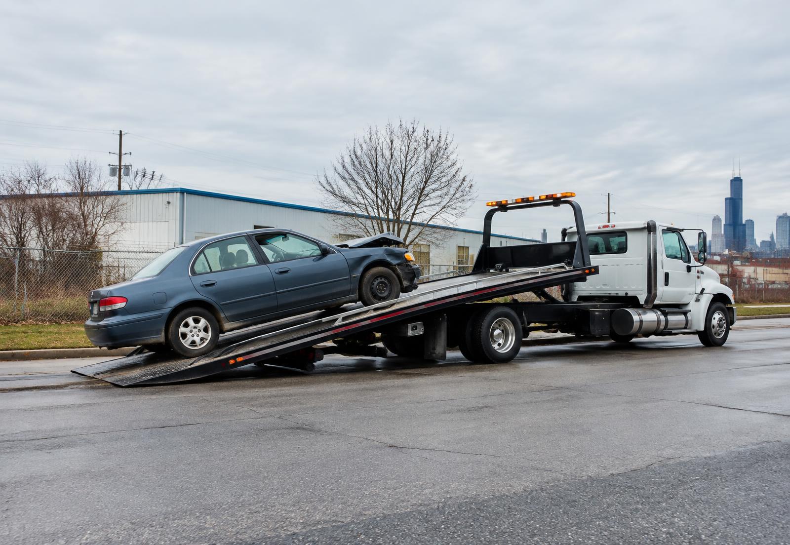 Tow truck loading a damaged car in the Chicagoland area